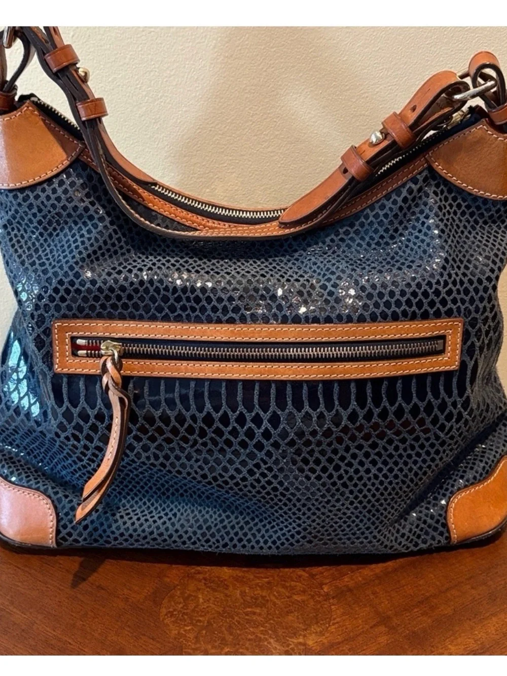 Dooney & Bourke  Shoulder Bag Navy/saddle, brown trim  leather  soft  textured